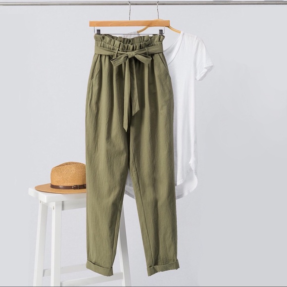 Olive Paperbag Pegged Trousers High Waist - Picture 2 of 4